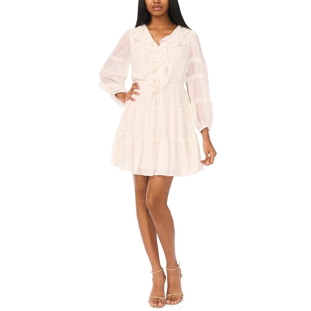 CeCe Women's Long-Sleeve Ruffle Front Tiered Mini Dress Ivory Size S 3653
